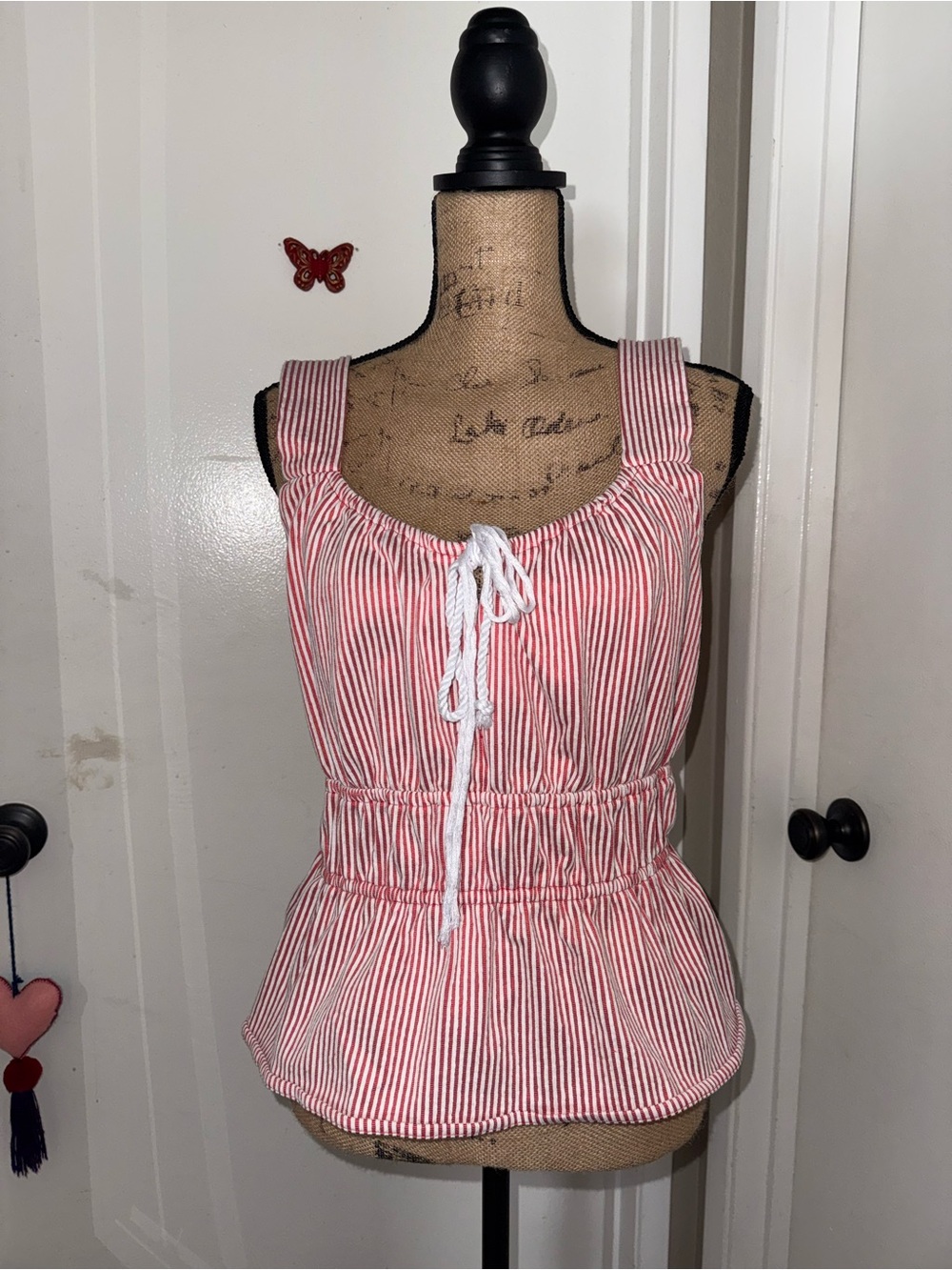 LOFT Red and White Striped Tie-Front Peplum Tank